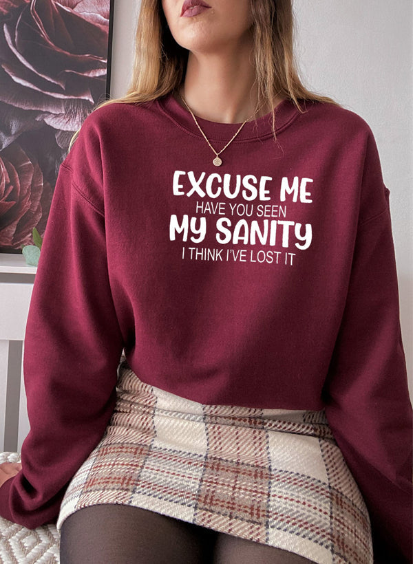 Excuse Me Have You Seen My Sanity Sweat Shirt shopmerchmallow Virgin Teez - Black Hoodie