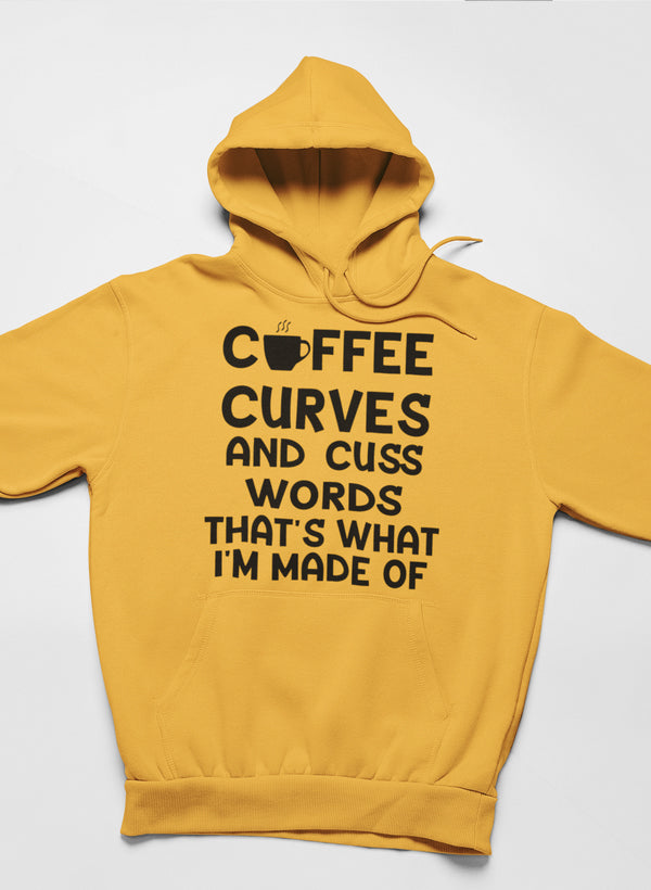 Coffee Curves & Cuss Words Hoodie shopmerchmallow Virgin Teez - Black Hoodie