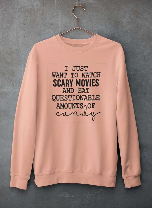 I Just Want To Watch Scary Movies And Eat Candy Sweat Shirt shopmerchmallow Virgin Teez - Black Hoodie