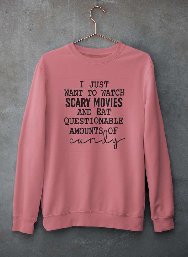 I Just Want To Watch Scary Movies And Eat Candy Sweat Shirt shopmerchmallow Virgin Teez - Black Hoodie