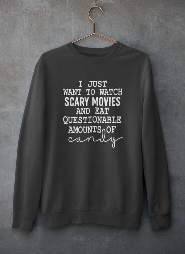 I Just Want To Watch Scary Movies And Eat Candy Sweat Shirt shopmerchmallow Virgin Teez - Black Hoodie