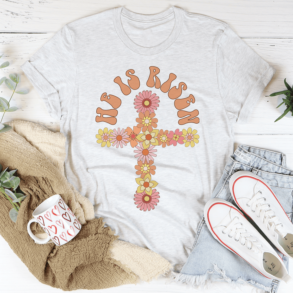 He Is Risen Floral Cross T-Shirt shopmerchmallow He Is Risen Floral Cross T-Shirt