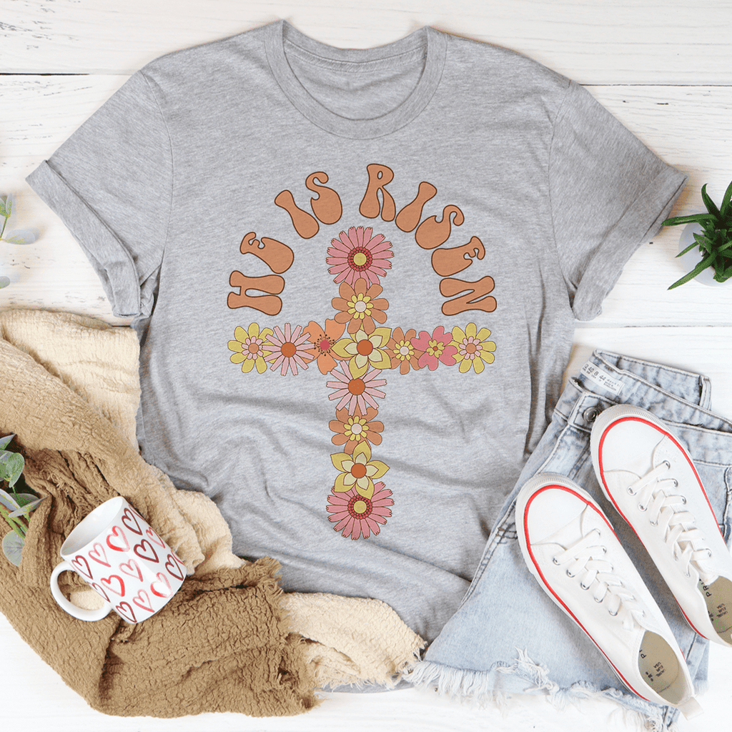 He Is Risen Floral Cross T-Shirt shopmerchmallow He Is Risen Floral Cross T-Shirt