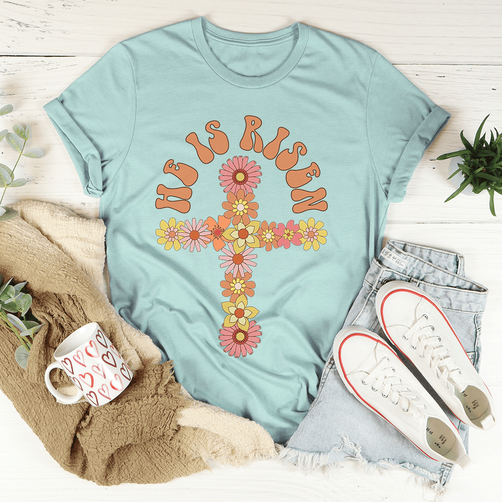 He Is Risen Floral Cross T-Shirt shopmerchmallow He Is Risen Floral Cross T-Shirt