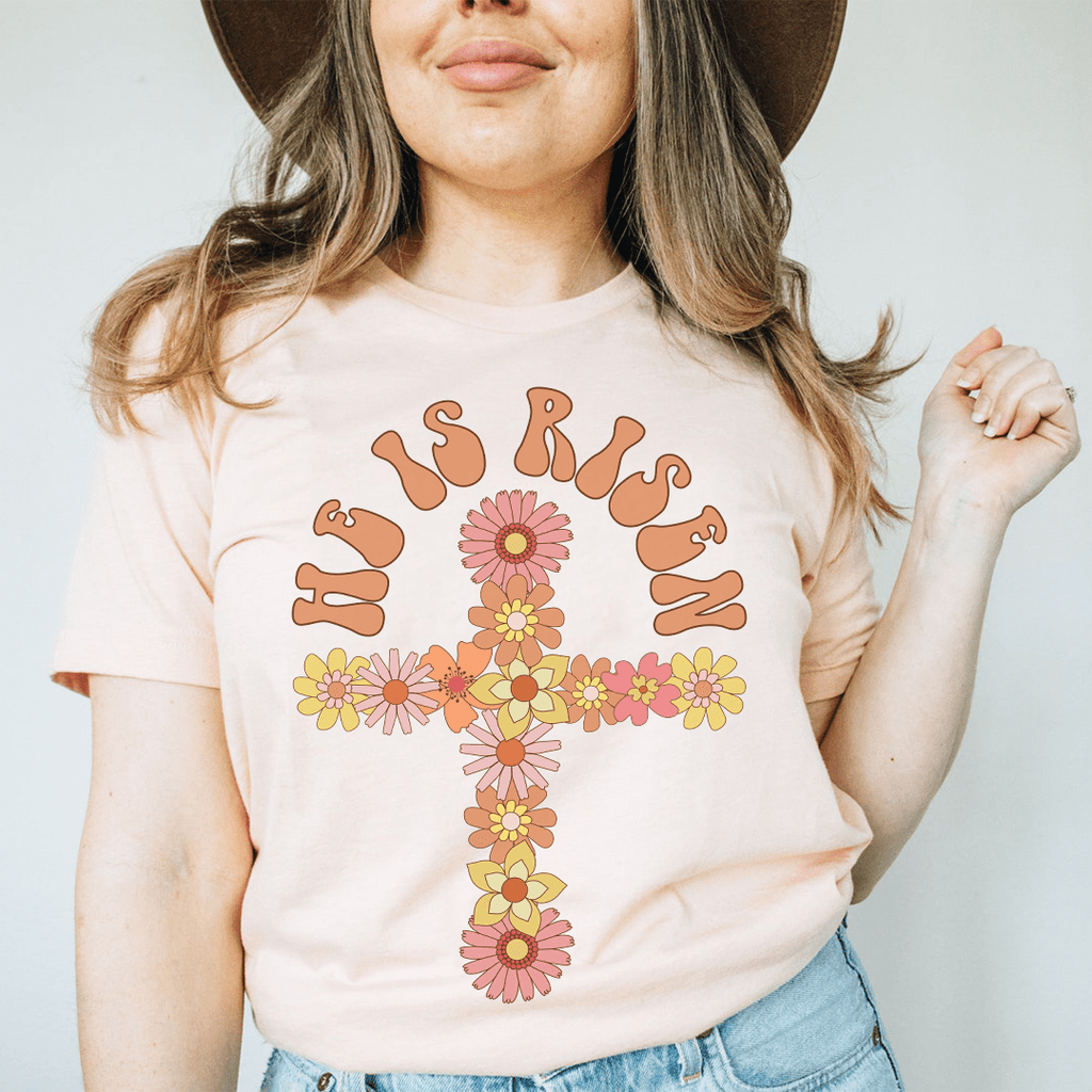 He Is Risen Floral Cross T-Shirt shopmerchmallow He Is Risen Floral Cross T-Shirt