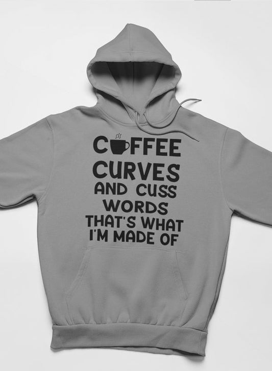 Coffee Curves & Cuss Words Hoodie shopmerchmallow Virgin Teez - Black Hoodie