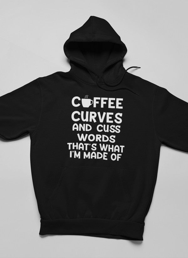 Coffee Curves & Cuss Words Hoodie shopmerchmallow Virgin Teez - Black Hoodie