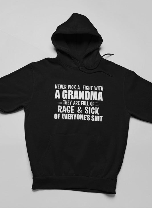 Never Pick A Fight With A Grandma Hoodie shopmerchmallow Virgin Teez - Black Hoodie