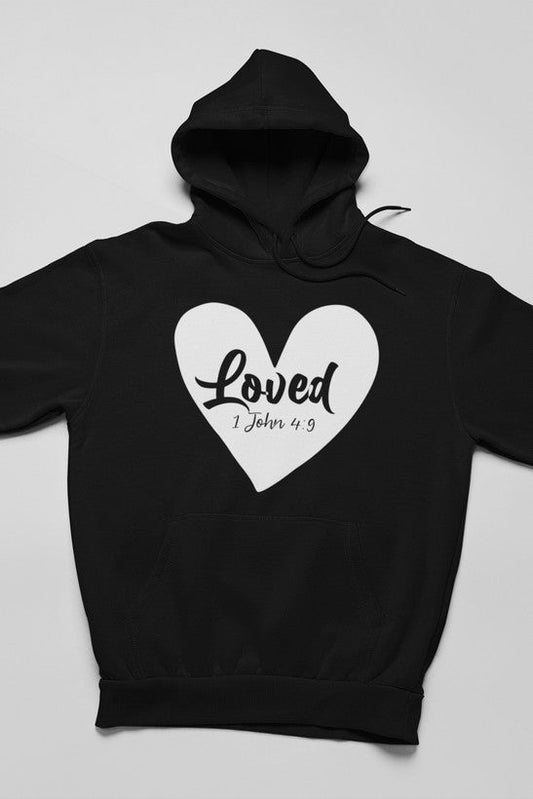 Loved 1 John 4:9 Hoodie shopmerchmallow Virgin Teez - Black Hoodie