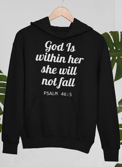 God Is Within Her She Will Not Fall Hoodie shopmerchmallow Virgin Teez - Black Hoodie