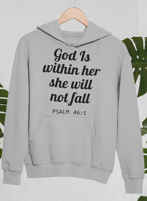 God Is Within Her She Will Not Fall Hoodie shopmerchmallow Virgin Teez - Black Hoodie