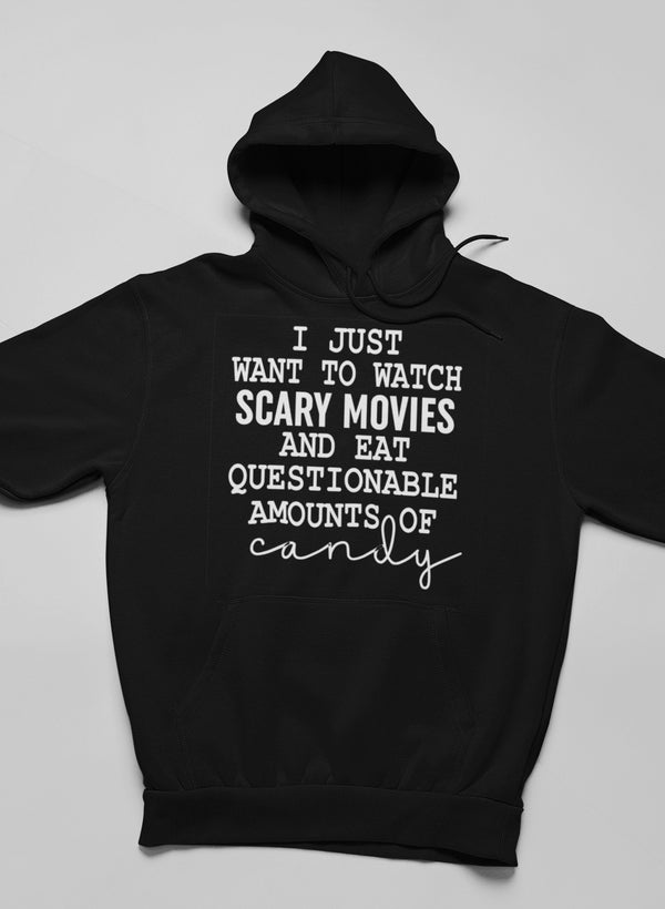 I Just Want To Watch Scary Movies And Eat Candy Hoodie shopmerchmallow Virgin Teez - Black Hoodie