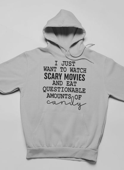 I Just Want To Watch Scary Movies And Eat Candy Hoodie shopmerchmallow Virgin Teez - Black Hoodie