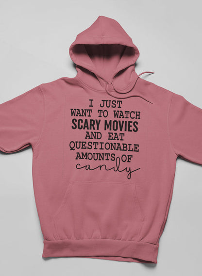 I Just Want To Watch Scary Movies And Eat Candy Hoodie shopmerchmallow Virgin Teez - Black Hoodie